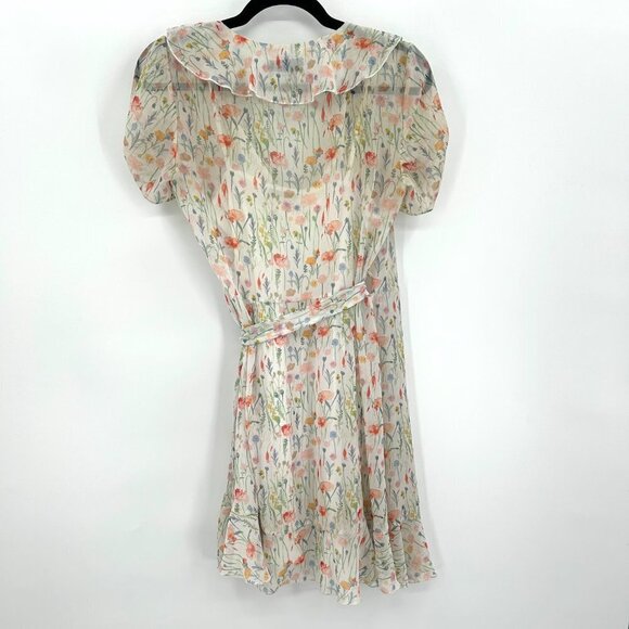 BAILEY 44 White Pink Floral Print Sheer Ruffle Wrap Dress With Slip Size Small - Picture 2 of 5